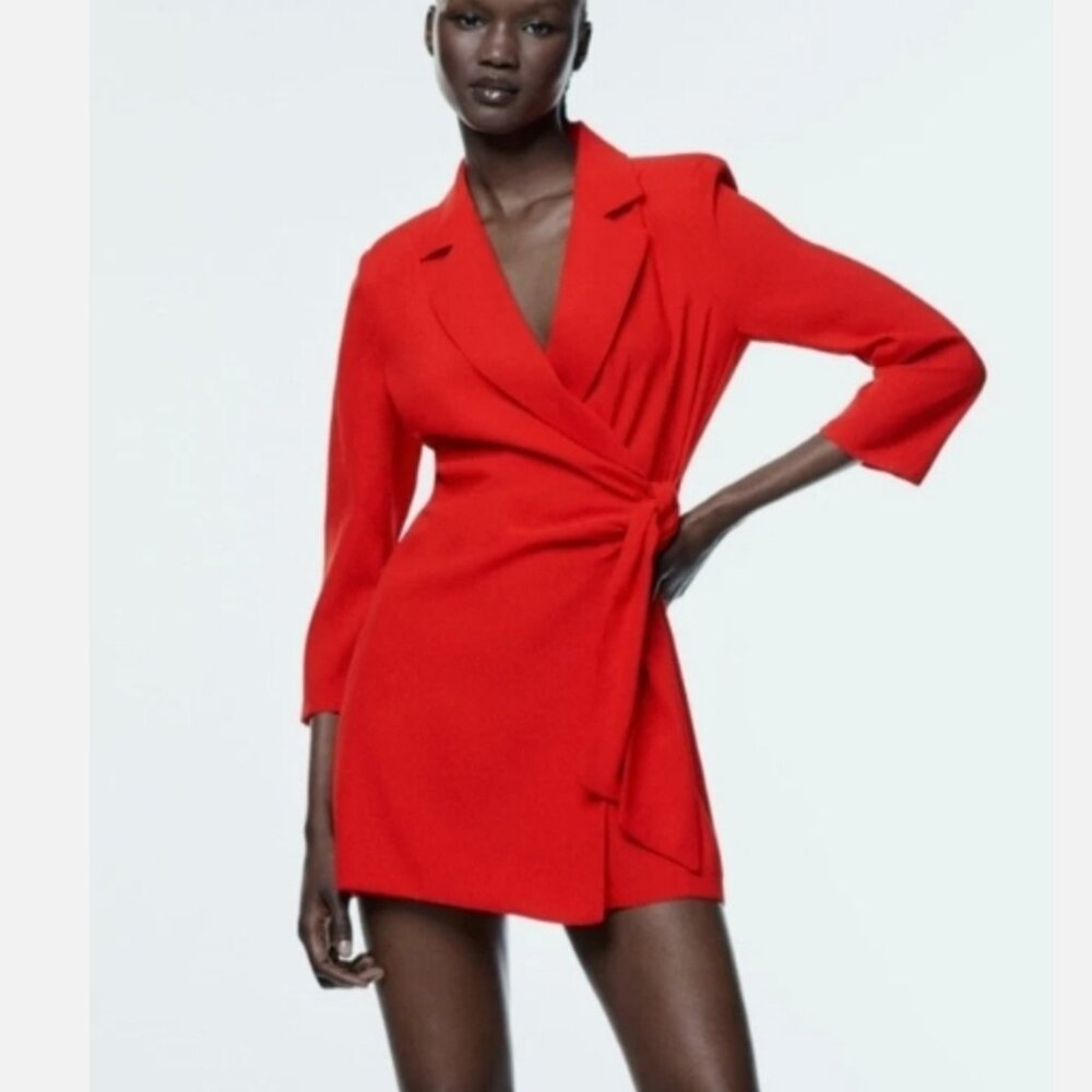 ZARA DOUBLE BREASTED BLAZER SHOULDER PADS JUMPSUIT ZIPPER TIE SIZE XS